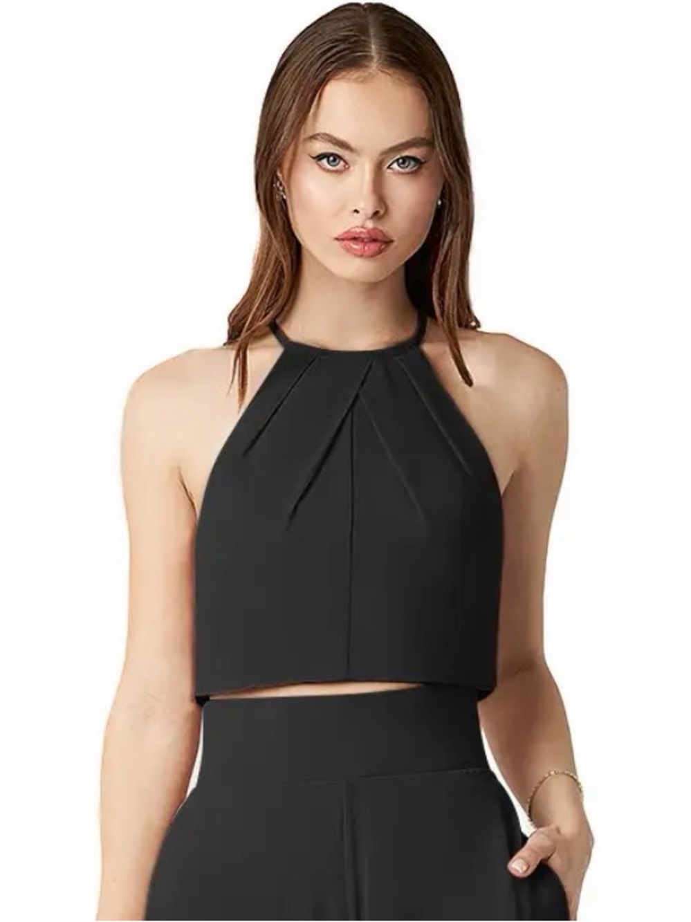 Azazie Black Halter Crop Top with Pleated Neckline - Picture 11 of 11